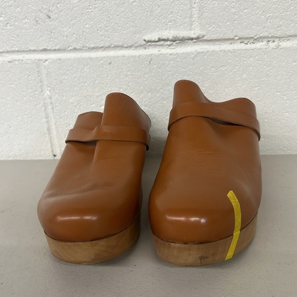 Sz10 Andre assoue brown tan slip on heeled Sofi clog wooden leather chunky amber - Picture 3 of 7